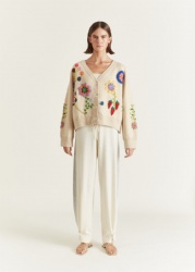 V-neck long sleeve Hand Embroidered Flower Knit Cardigan