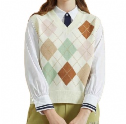 fashion V neck 100% cotton diamond argyle knit school sleeveless sweater uniform